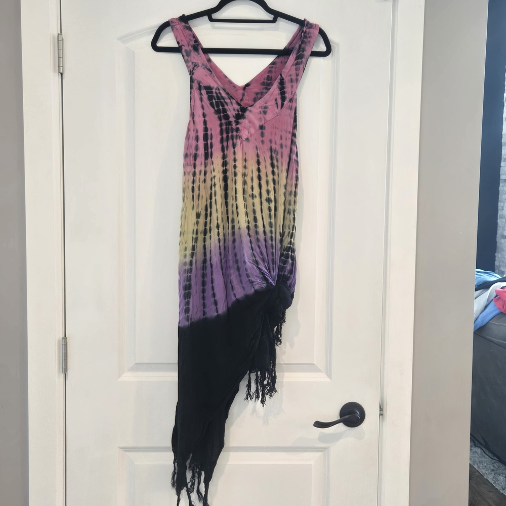 L'Apogee Tie-Dye Asymmetrical Fringe Tunic Top / Mini Dress/ Swim Cover Up, 2x